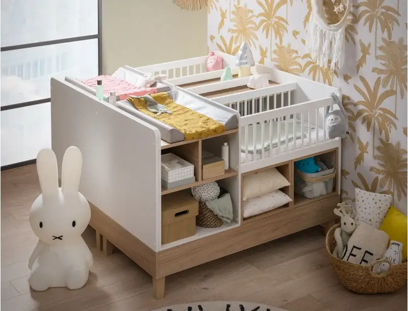 berceaux jumeaux evolutifs blanc et bois avec rangements