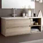 meuble vasque pour salle de bain zen. Meuble en bois avec tiroirs beige