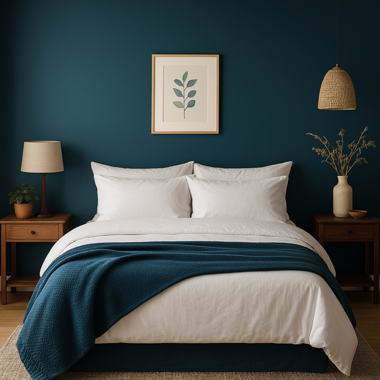 chambre cosy avec un mur bleu petrole, des draps blancs et un plaid bleu petrole.