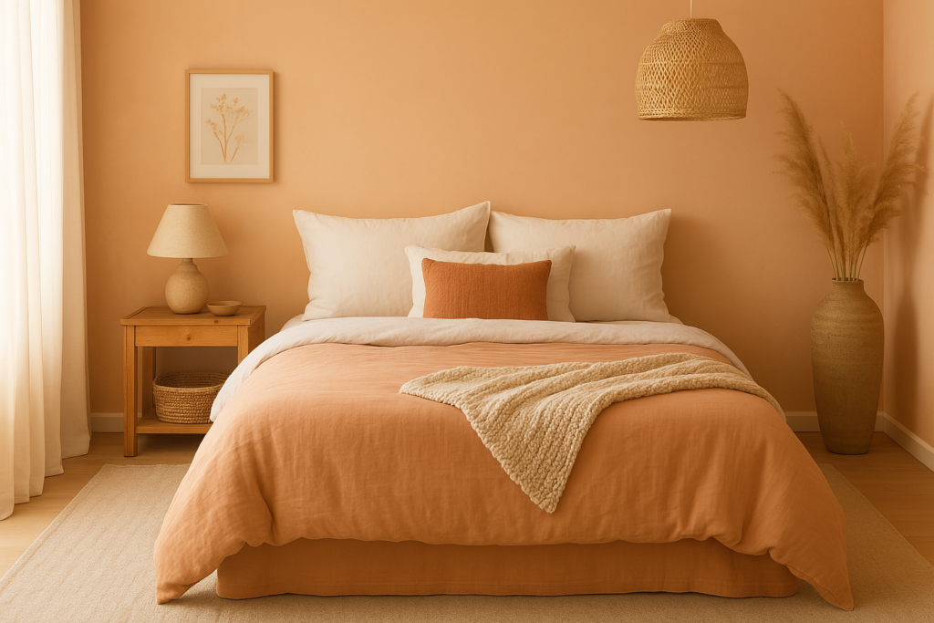 Chambre cosy et naturelle avec des murs en abricot clair, linge de lit blanc, mobilier en bois et éléments décoratifs en matières naturelles pour une ambiance douce et tendance.