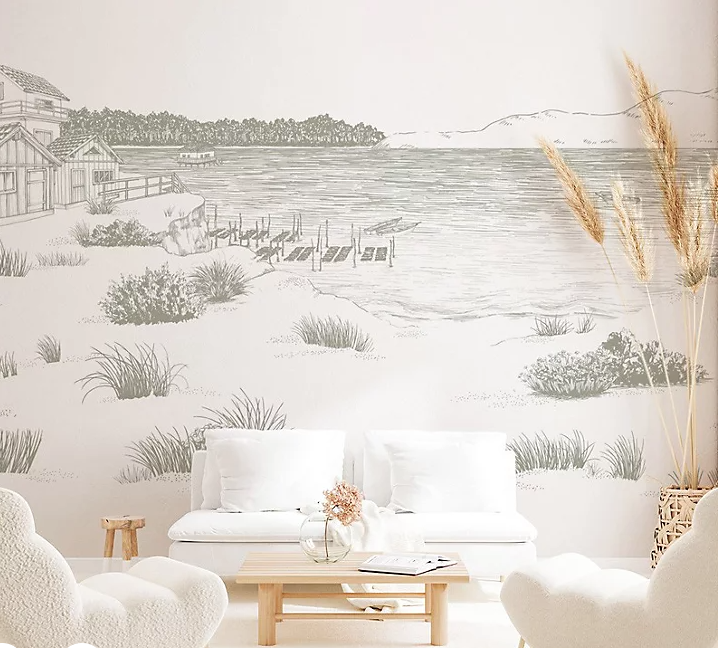 Mise en avant d'un papier peint representant une plage sauvage en vert et blanc aux traits fins