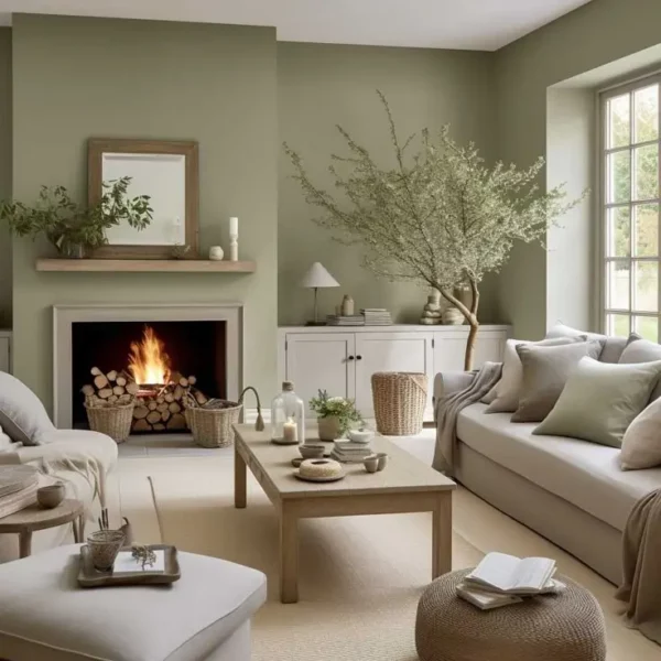 Salon moderne avec un mur vert sauge, un canapé en lin et des éléments naturels pour une ambiance apaisante.