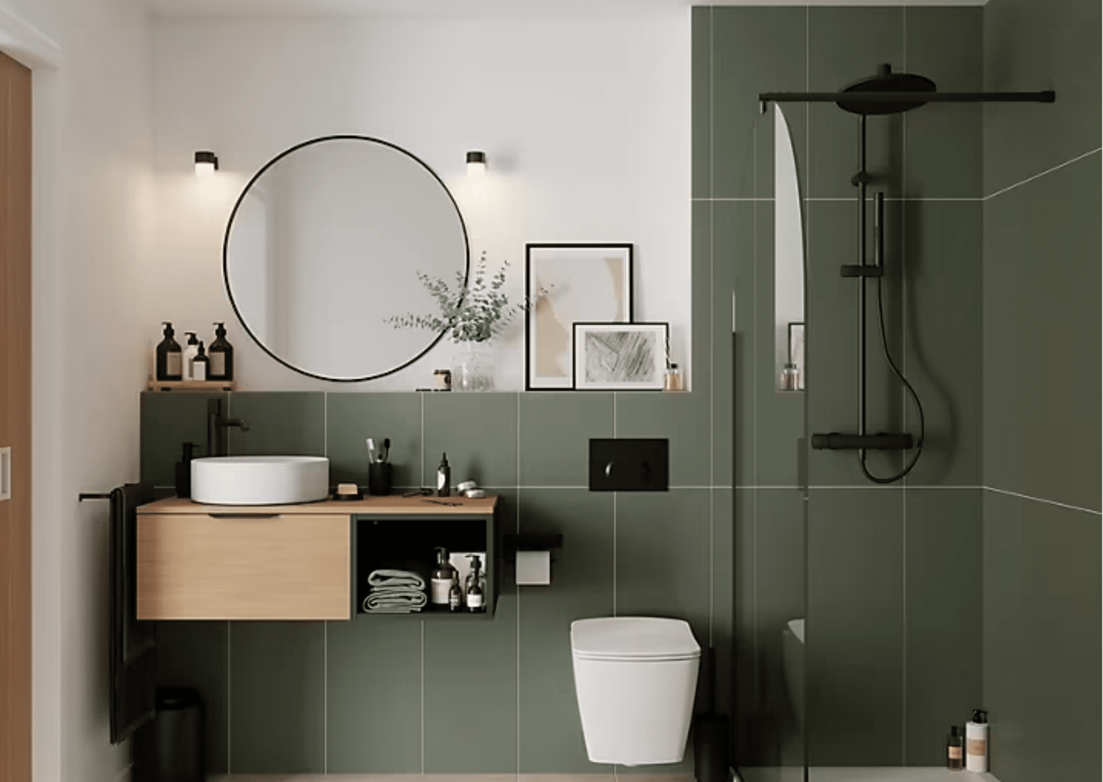 salle de bain sans fenetre avec faience verrt sauge et grand miroir eclairé